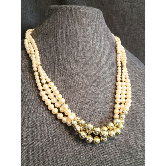 Vintage 80s Faux Pearl Necklace – 3 Strand Beauty - Picture 1 of 4